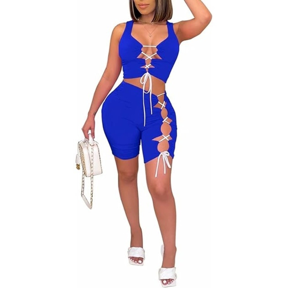 Lace Up‎ 2 Piece Outfit Crop Top Biker Shorts Set Sexy Clubwear XXL